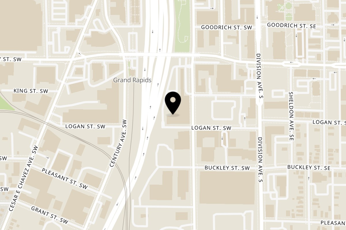 Map showing the location of Go Vegan GR on 435 Ionia Ave SW Suit A116 in Grand Rapids